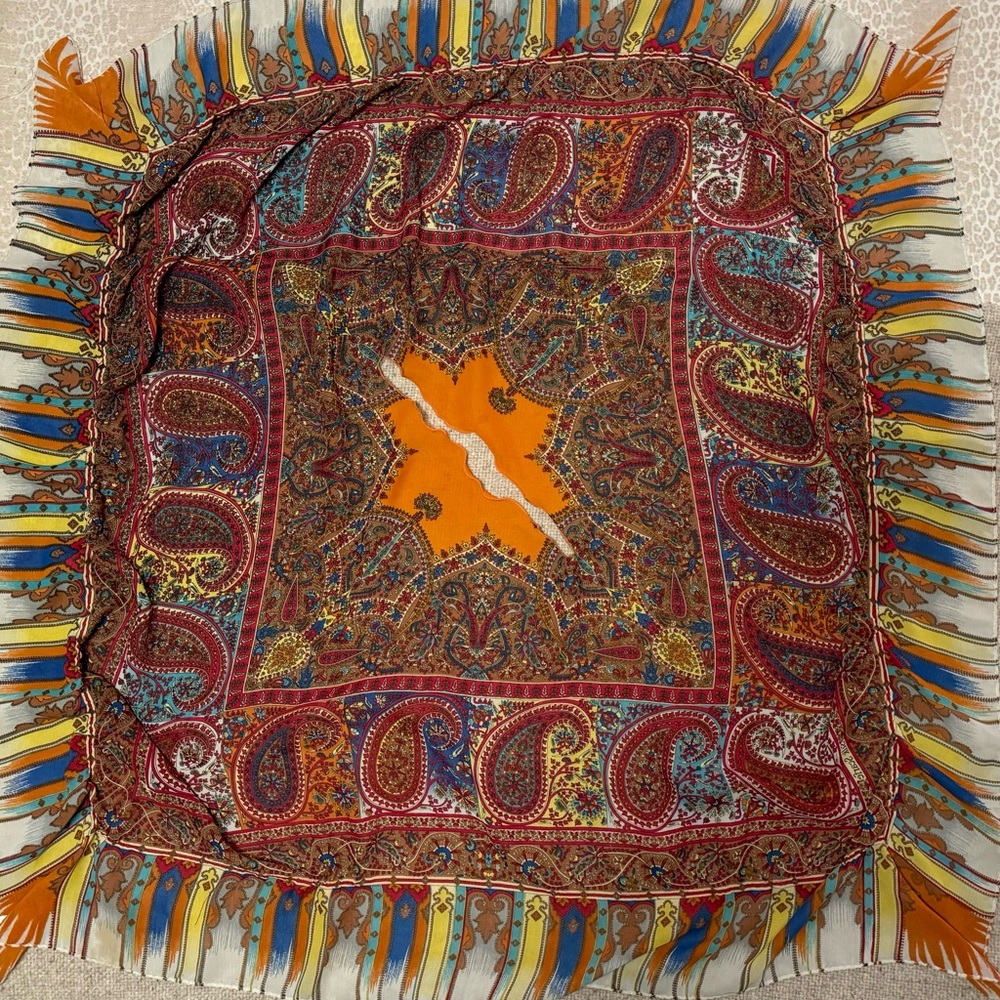 Colorful, lightweight, bohemian style, paisley-print over-the-head shawl